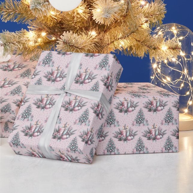 Papel De Presente Pink Christmas Tree and Candle Wrapping Paper (Feriados)