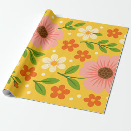 Papel De Presente Pink, cream & Orange Flowers with Green Leaves