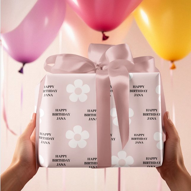 Papel De Presente Pink Daisy Happy Birthday Elegante (Criador carregado)