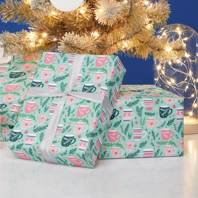 Papel De Presente Pink e canecas de Natal verdes (Feriados)