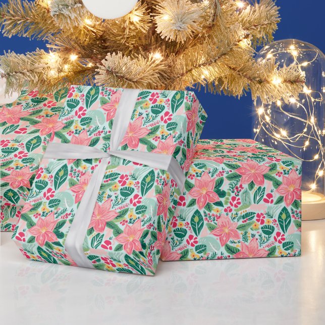 Papel De Presente Pink e Poinsettias de Natal Verdes (Feriados)