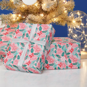 Papel De Presente Pink e Poinsettias de Natal Verdes