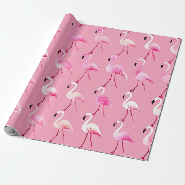 Papel De Presente Pink Flamingo Paradise: Padrão de Aquarela (Desenrolado)