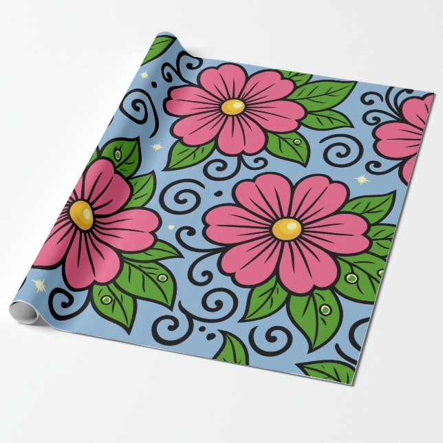 Papel De Presente Pink Florals with Green Leaves and Curved Details (Desenrolado)
