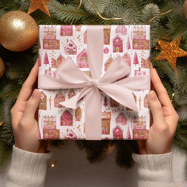 Papel De Presente Pink Gingerbread House Christmas Wrapping Paper (Criador carregado)