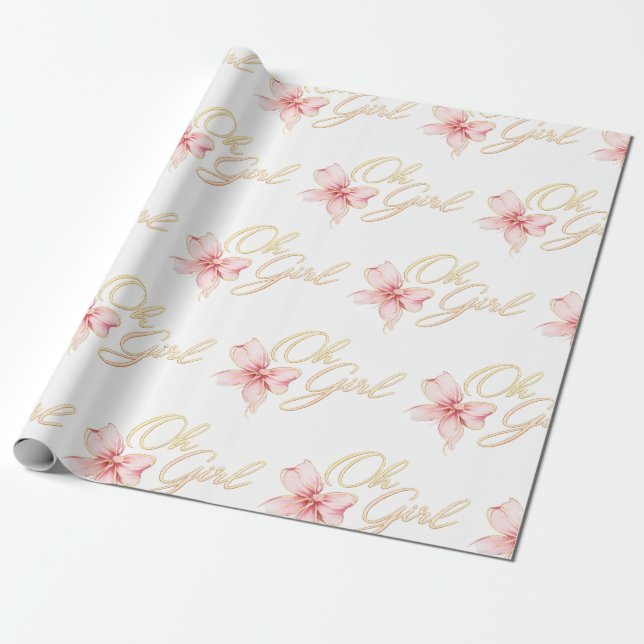 Papel De Presente Pink & Gold “Oh Girl” Gold Typography Baby Shower (Desenrolado)