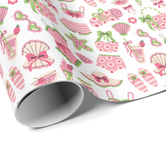 Papel De Presente Pink & Green Coquette Summer Beach Vacation (Ponta do rolo)