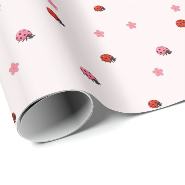 Papel De Presente Pink Ladybug Garden Pattern Wrapping Paper (Ponta do rolo)