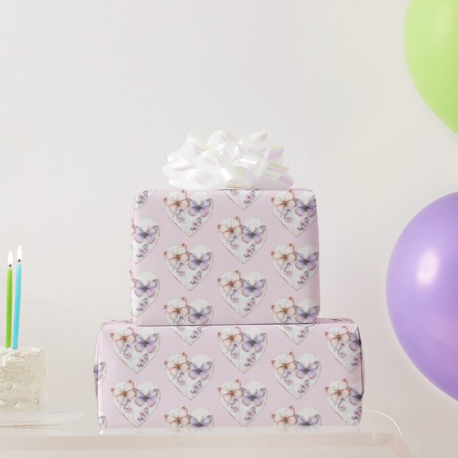 Papel De Presente Pink Lavender Floral Heart Butterflies Birthday (Presentes para festas)