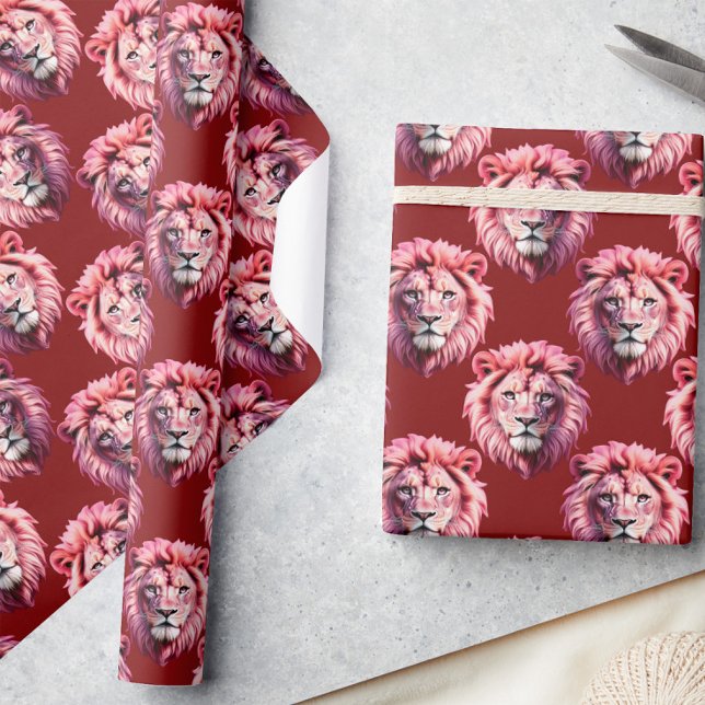 Papel De Presente Pink Lion Head Animal Pattern Design Red  (Criador carregado)