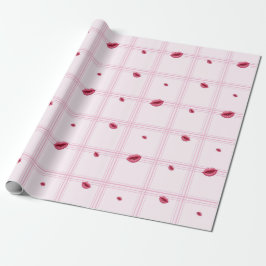 Papel De Presente Pink Lip Prints on Plaid. Valentine's Day
