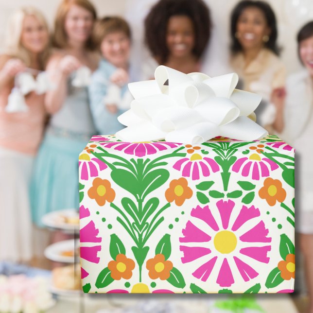 Papel De Presente Pink Orange Green Blooms Cheer Gift  (Criador carregado)