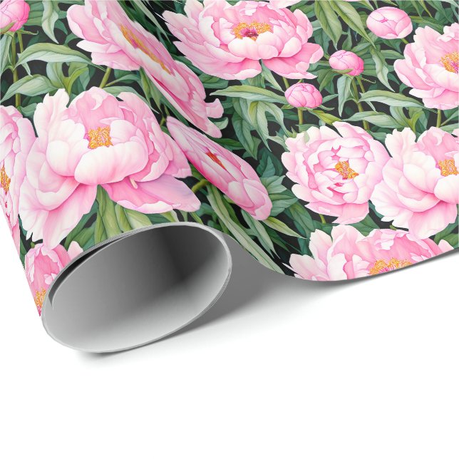 Papel De Presente Pink Peony Blossoms em um Fundo de Folha (Ponta do rolo)