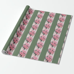 Papel De Presente Pink Poinsettia Original Watercolor Stripe