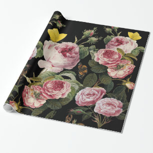 Papel De Presente PINK ROSES E BORRACHAS AMARELAS Floral Preto