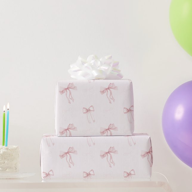 Papel De Presente Pink Stripes Bows Birthday (Presentes para festas)