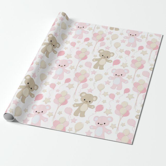 PAPEL DE PRESENTE PINK & TAN TEDDY BEARS COM BALÕES (Desenrolado)