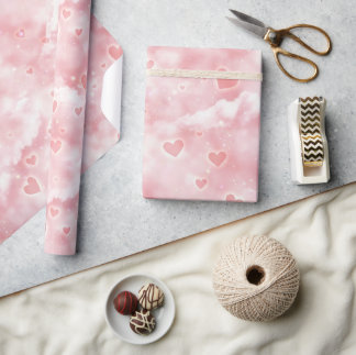 Papel De Presente Pink Valentine Clouds Sky with Glowing Hearts