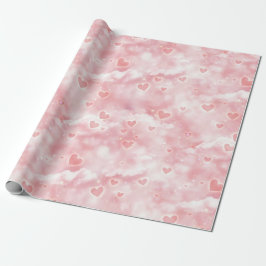 Papel De Presente Pink Valentine Clouds Sky with Glowing Hearts