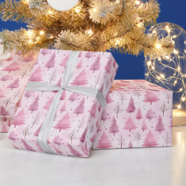 Papel De Presente Pink Watercolor Árvore de Natal Padrão Woodland