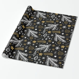 Papel De Presente PINO branco-preto de rabo Dourado e estrelas NATAL