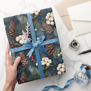 Papel De Presente Pinos Ramifica Azul Castanho Branco Padrão Xmas