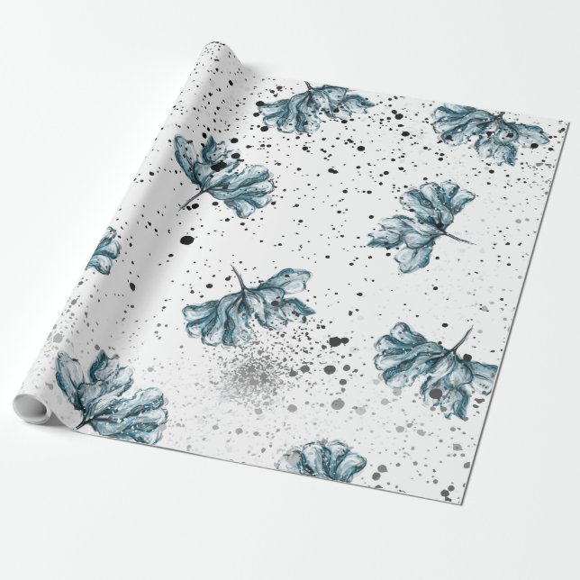 Papel De Presente Pintado à mão azul Floral (Desenrolado)