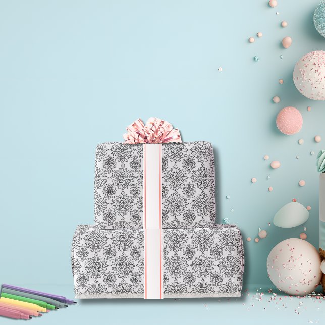 Papel De Presente Pinte Você Mesmo um Crisântemo Preto e Branco (Color your own wrapping paper with a floral design)