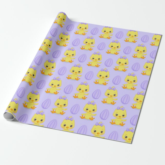 PAPEL DE PRESENTE PINTINHOS DE PÁSCOA AMARELO COM OVOS PURPOS (Desenrolado)