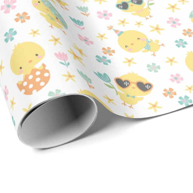 Papel De Presente Pintinhos de Páscoa, de flores e ovos (Ponta do rolo)