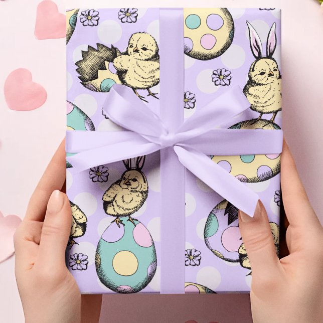 Papel De Presente Pintinhos de Páscoa roxas e ouvidos coelhos (Adorable hand-drawn baby chicks hatched from colorful pastel Easter eggs, wearing bunny ears! )