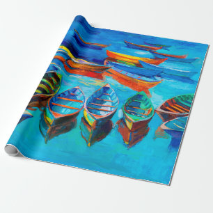 Papel De Presente pintura a óleo de barcos e mar na canvas. Sunset