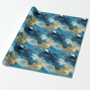 Papel De Presente Pintura Abstrata Azul, Branco e Dourado