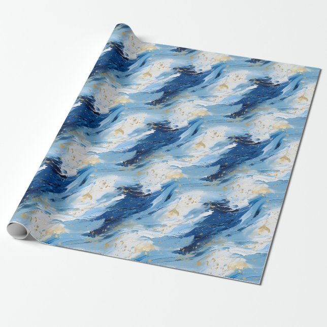 Papel De Presente Pintura Abstrata Azul e Dourada (Desenrolado)
