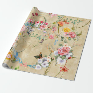 Papel De Presente Pintura aquosa de folhas e flores, sem costura 