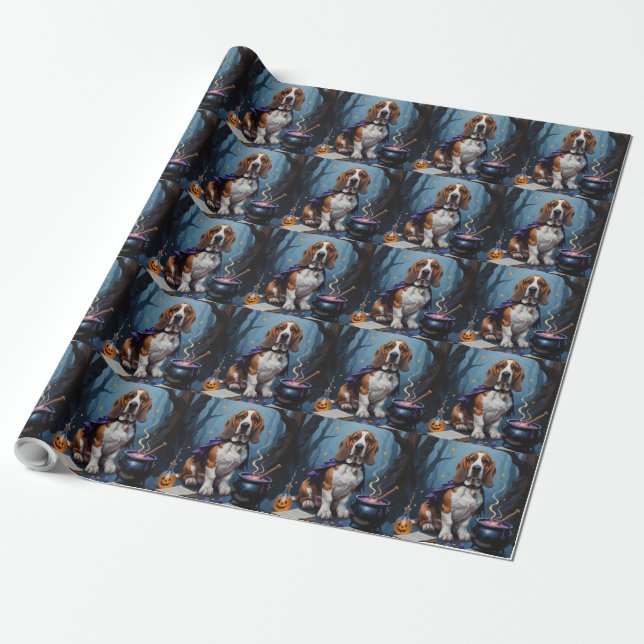 Papel De Presente Pintura Caprichosa de Halloween com Cachorro Basse (Desenrolado)