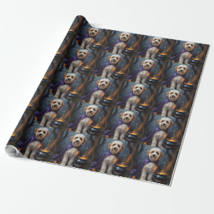 Papel De Presente Pintura caprichosa de Halloween com cão Bernedoodl