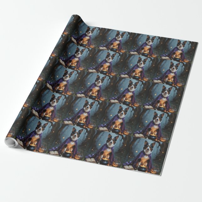 Papel De Presente Pintura Caprichosa de Halloween do Cão Kelpie Aust (Desenrolado)