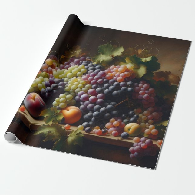 Papel De Presente Pintura com vida estática de Frutas e uvas (Desenrolado)
