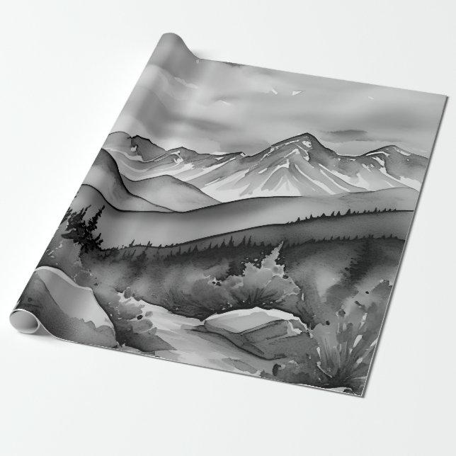 Papel De Presente Pintura da paisagem branca e preta de montanhas (Desenrolado)