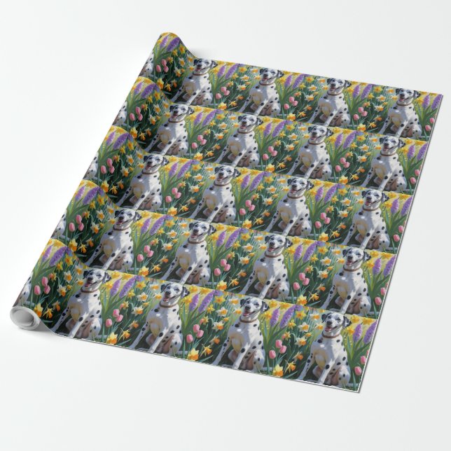 Papel De Presente Pintura das Flores de Cão Dalmático (Desenrolado)