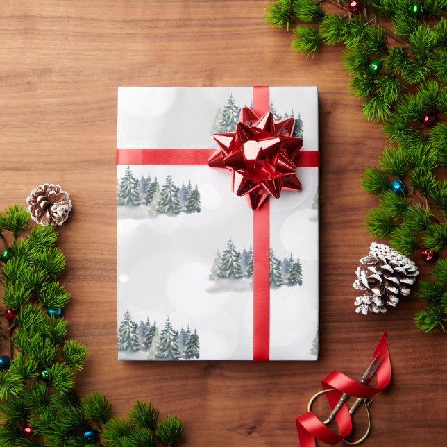Papel De Presente Pintura de aguarela de pinheiro, Floresta (Presente de Natal)