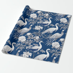 Papel De Presente Pintura de Aves Brancas Azuis Chinoiserie