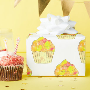 Papel De Presente Pintura de Cupcake em Aquarela sobre Branco