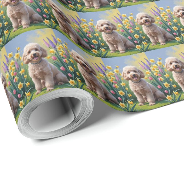 Papel De Presente Pintura de Flores da Primavera do Cão Poodle (Ponta do rolo)