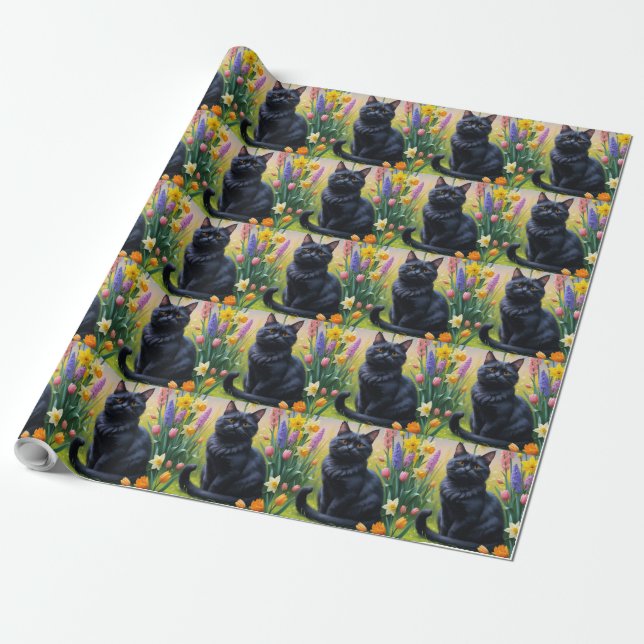 Papel De Presente Pintura de Flores da Primavera do Gato Preto (Desenrolado)