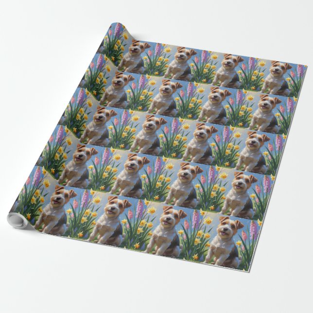 Papel De Presente Pintura de flores de primavera do cão Biewer Terri (Desenrolado)