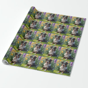 Papel De Presente Pintura de Flores de Primavera do Cão Kelpie Austr