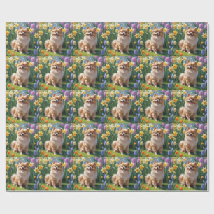 Papel De Presente Pintura de Flores de Primavera do Cão Pomerânia
