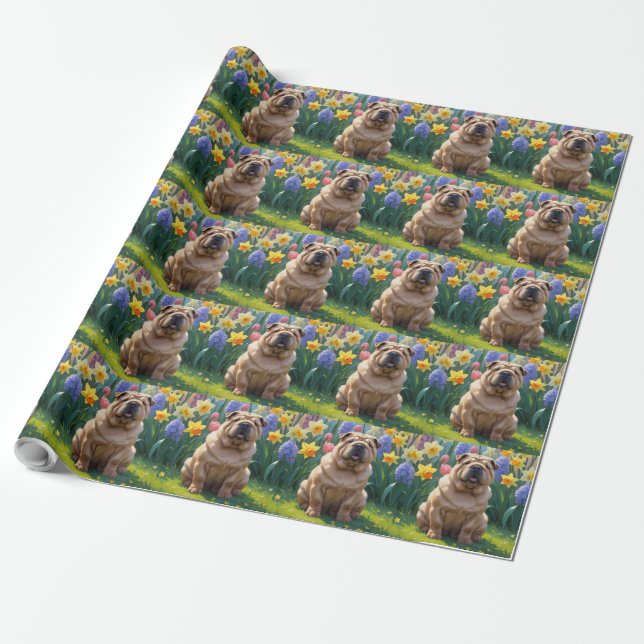 Papel De Presente Pintura de Flores de Primavera do Cão Shar Pei (Desenrolado)